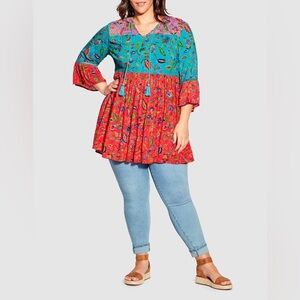 Avenue Floral Multicolor Boho Peasant Tiered Tunic Top Colorful 16